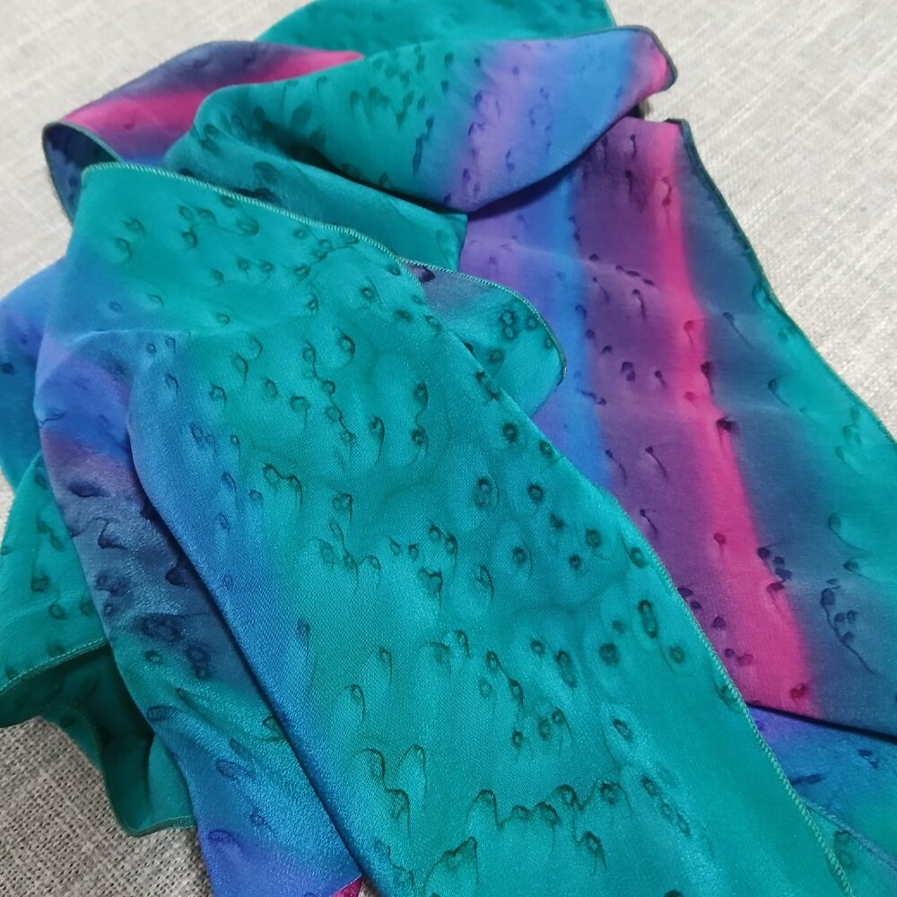 Kriska Swirl Scarf Hand Painted 100% Silk Teal Pink Purple and Blue - Picture 9 of 9